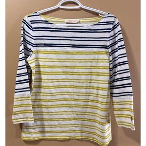 Tory Burch 100% Cotton Blue Yellow Striped Boat Neck 3/4 Sleeve Women's Large